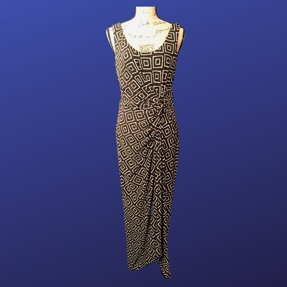 LAUREN RALPH LAUREN Maxi Dress, KNOTTED WAIST, Brown/Cream Geometric, NWT, 10 - Picture 1 of 6